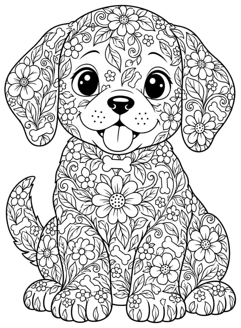 Coloring page of a sitting puppy filled with flowers, leaves, swirls and small bones