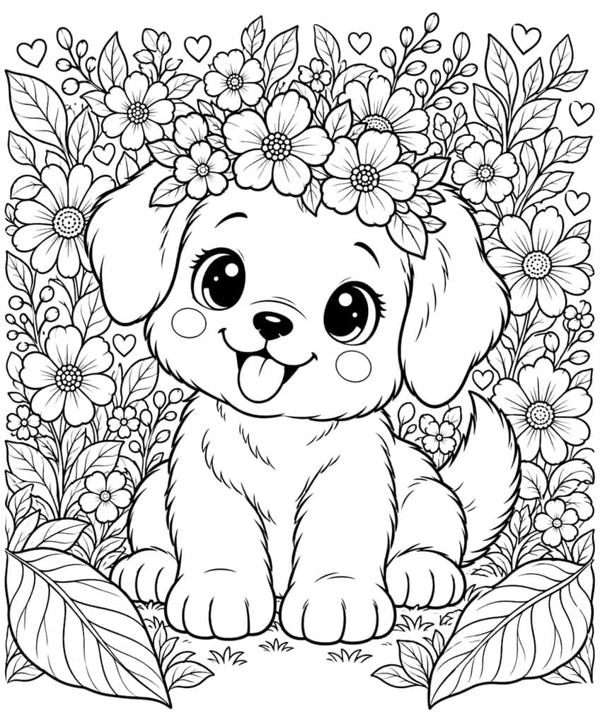 Puppy coloring page with a flower crown, surrounded by flowers, leaves and hearts