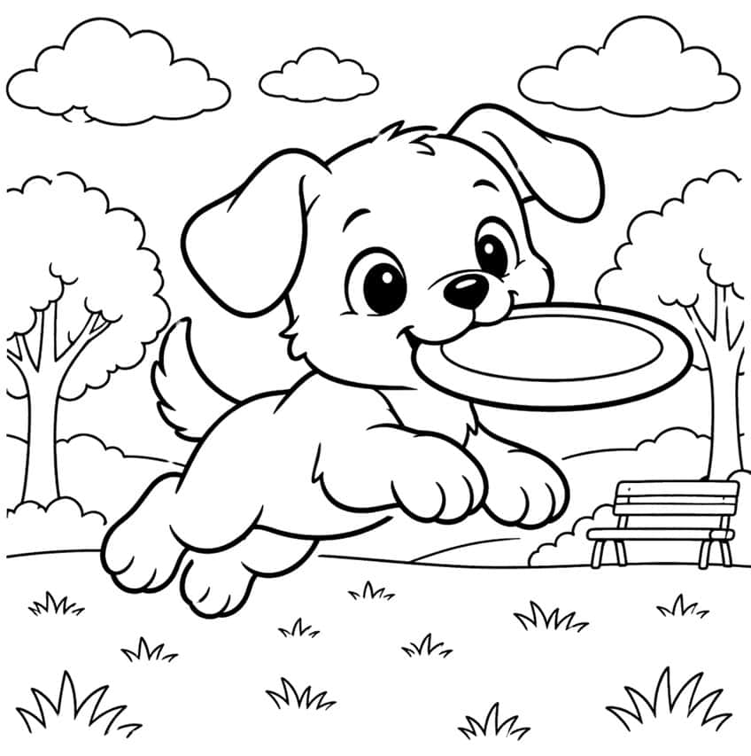 Coloring page of a puppy jumping with a flying disc in its mouth in a park with a bench