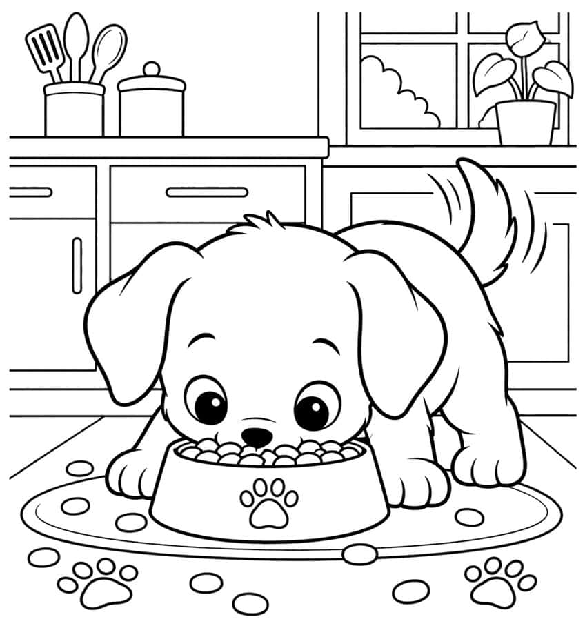 Coloring page of a puppy eating kibble from a paw-print bowl on a mat in a kitchen