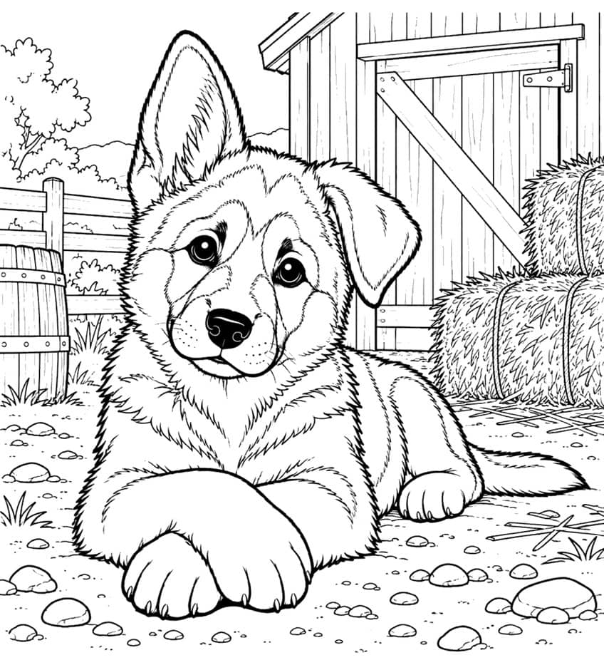 German Shepherd puppy coloring page lying in a farmyard by a barn door and hay bales