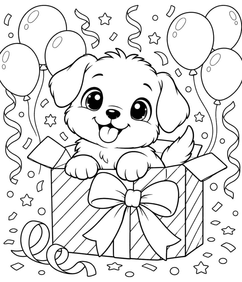 Puppy coloring page of a smiling puppy in a gift box with a bow, balloons and confetti