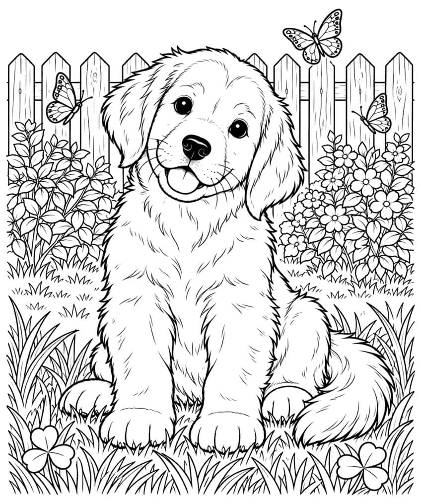Coloring page of a golden retriever puppy sitting in a garden with a fence, flowers and butterflies