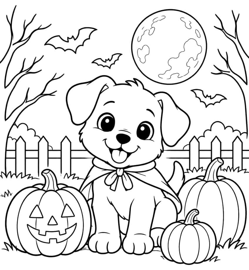 Coloring page of a puppy in a cape with a jack-o'-lantern, pumpkins, bats and a full moon