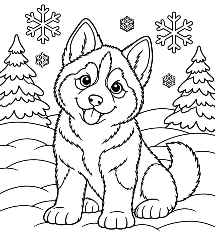 Coloring page of a husky puppy sitting in snow with fir trees and snowflakes
