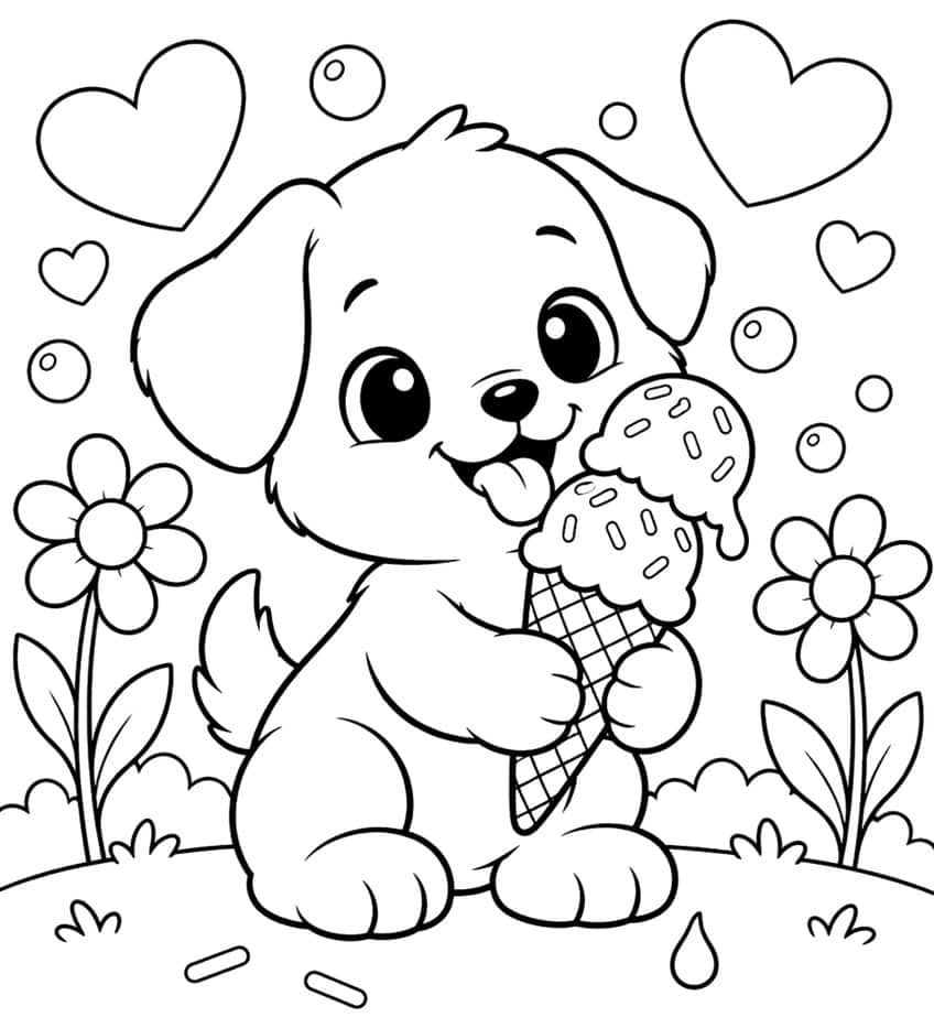 Coloring page of a puppy licking an ice cream cone among hearts, bubbles and flowers
