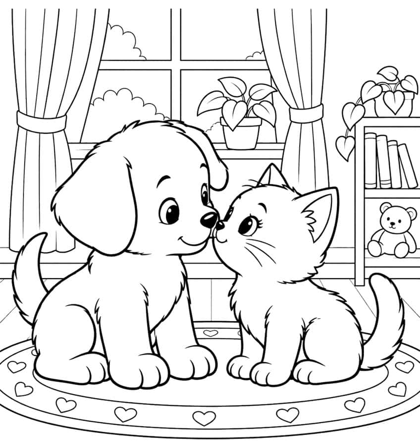 Coloring page of a puppy and a kitten touching noses on a heart rug in a cozy room