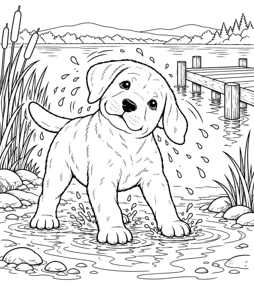 Coloring page of a Labrador puppy splashing in a lake beside cattails and a wooden dock