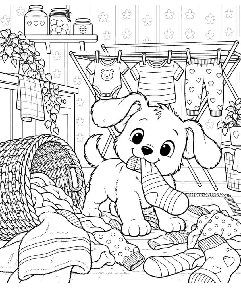 Coloring page of a puppy carrying a sock next to a spilled laundry basket and a drying rack