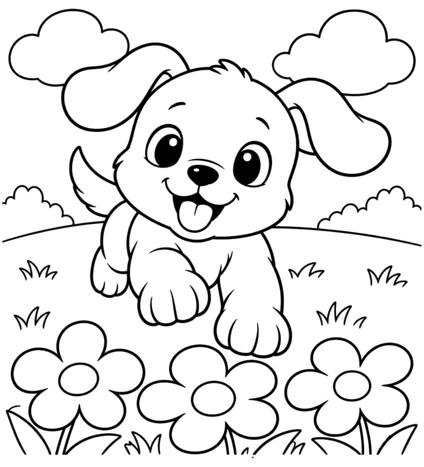 Coloring page of a floppy-eared puppy leaping over big flowers on a meadow with clouds