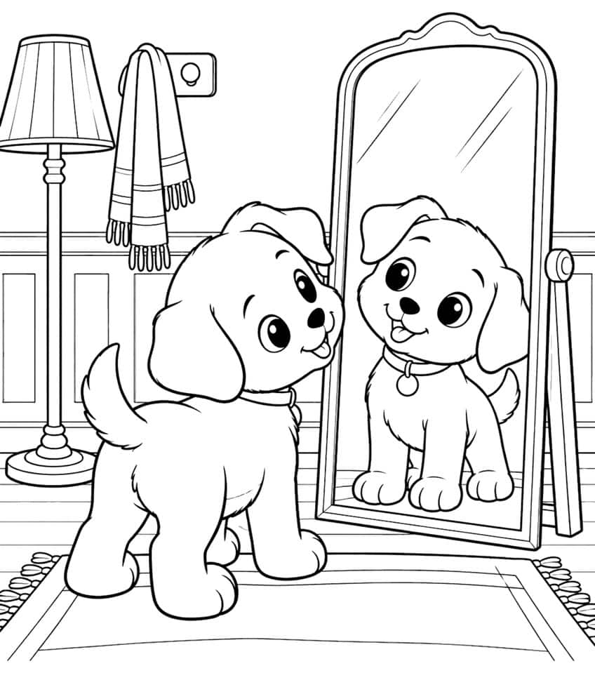 Coloring page of a puppy looking at its reflection in a standing mirror beside a floor lamp