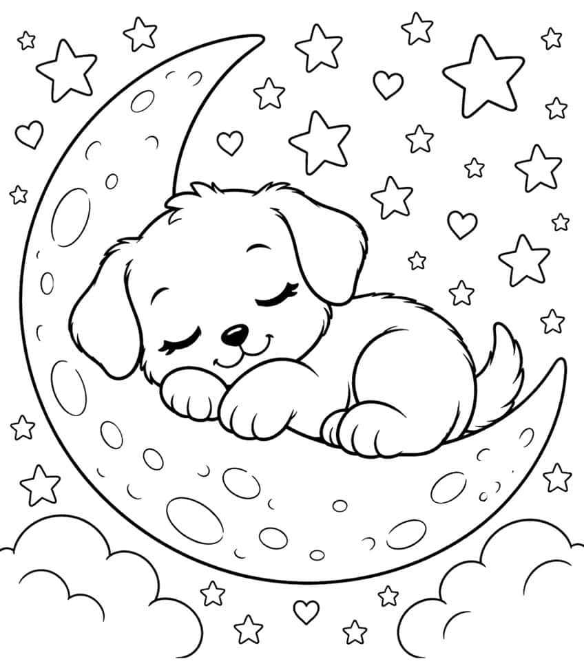 Coloring page of a sleeping puppy on a crescent moon with stars, hearts and clouds