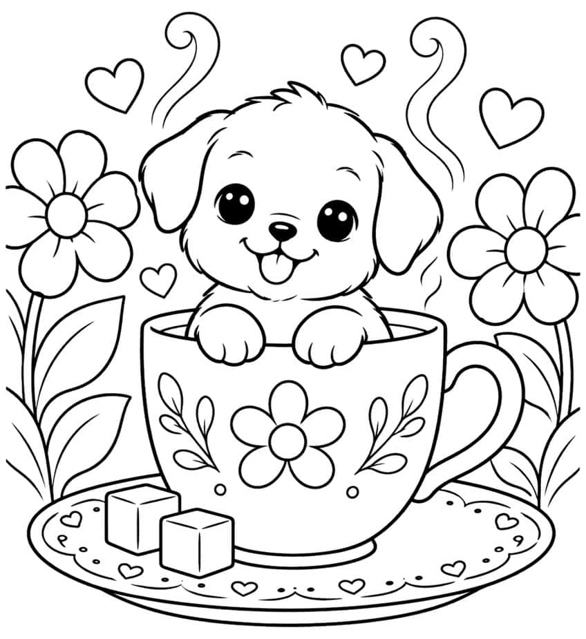 Coloring page of a cute puppy sitting in a teacup on a saucer, with flowers and hearts