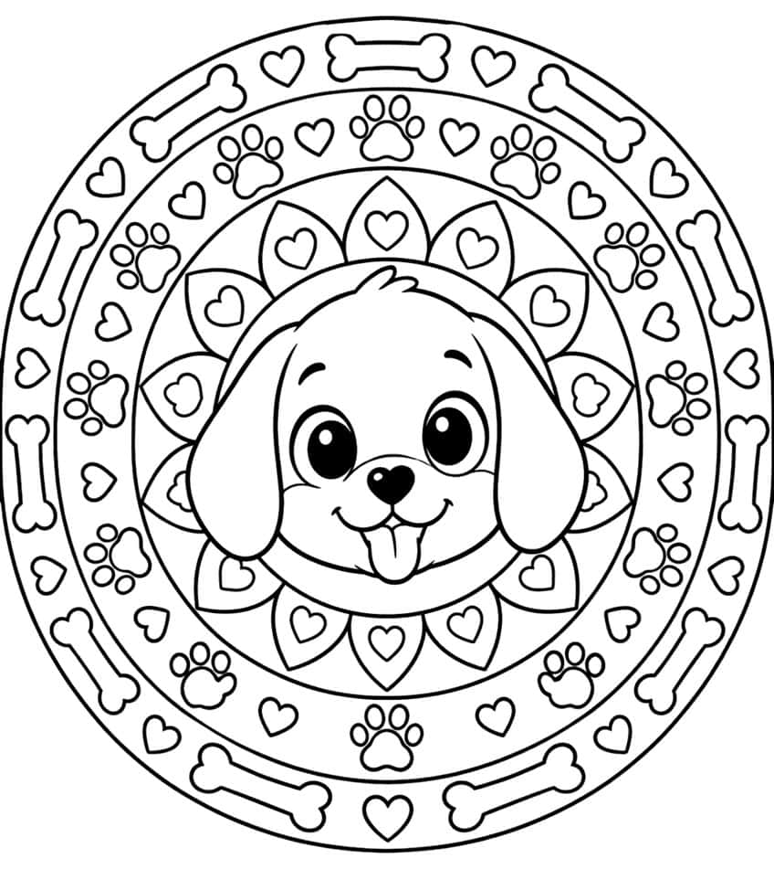 Coloring page of a puppy face mandala with rings of paw prints, hearts and bones