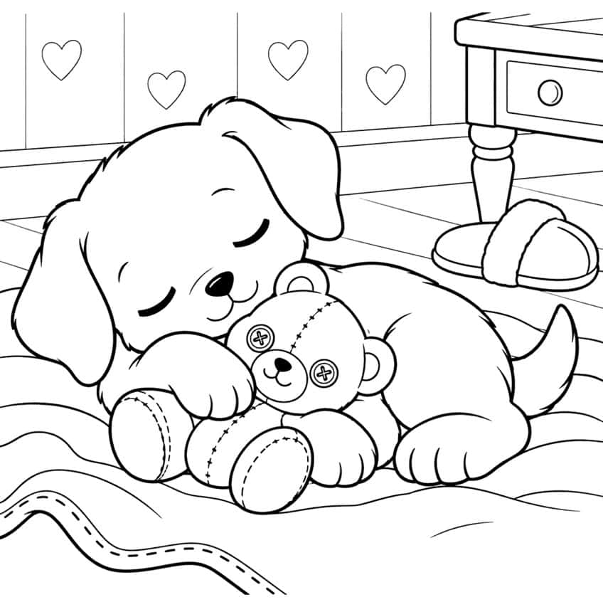 Coloring page of a sleeping puppy cuddling a stitched teddy bear on a blanket