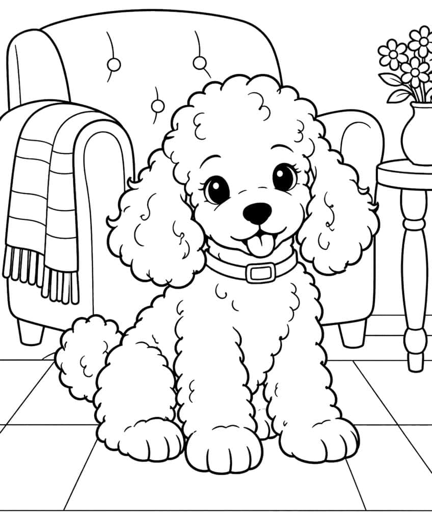 Coloring page of a curly poodle puppy sitting by an armchair with a striped blanket and a flower vase