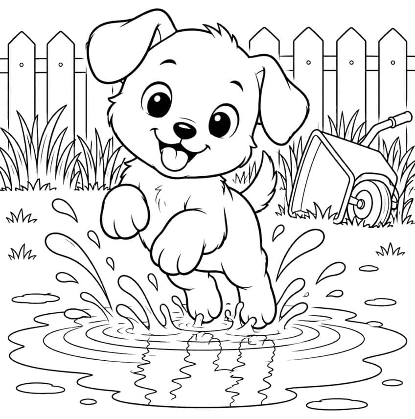 Coloring page of a cheerful puppy splashing in a puddle by a fence and a wheelbarrow