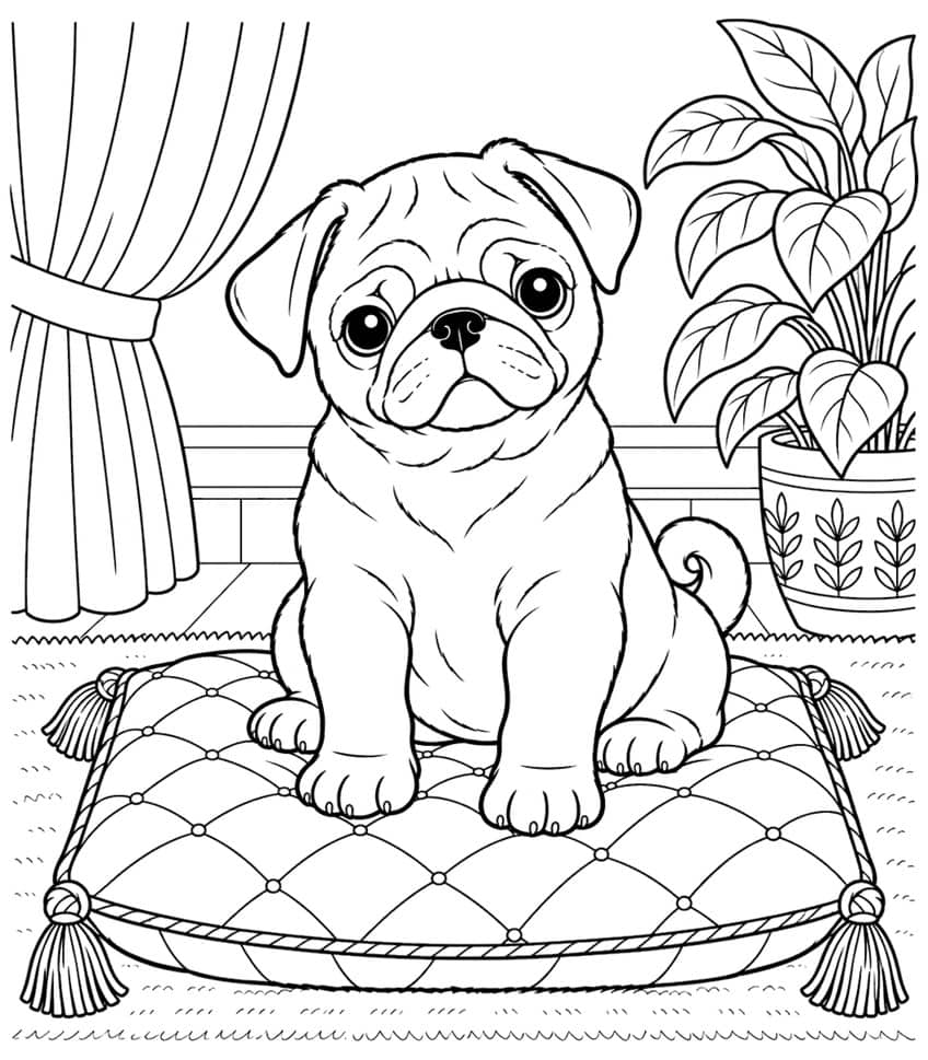 Pug puppy sitting on a tasseled cushion beside a curtain and potted plant, coloring page