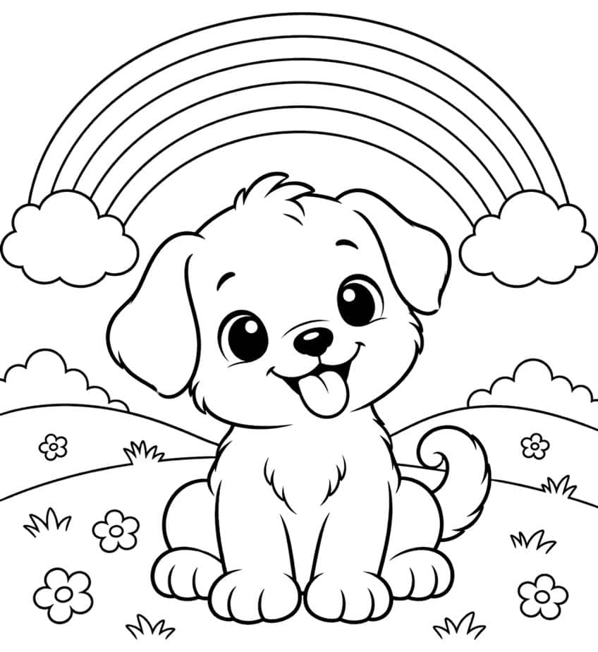 Puppy coloring page with a smiling puppy sitting on a hill under a rainbow and clouds