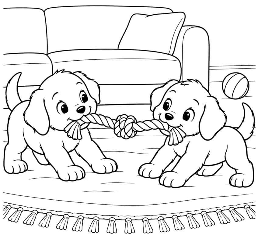 Coloring page of two puppies tugging a rope toy on a rug in front of a sofa