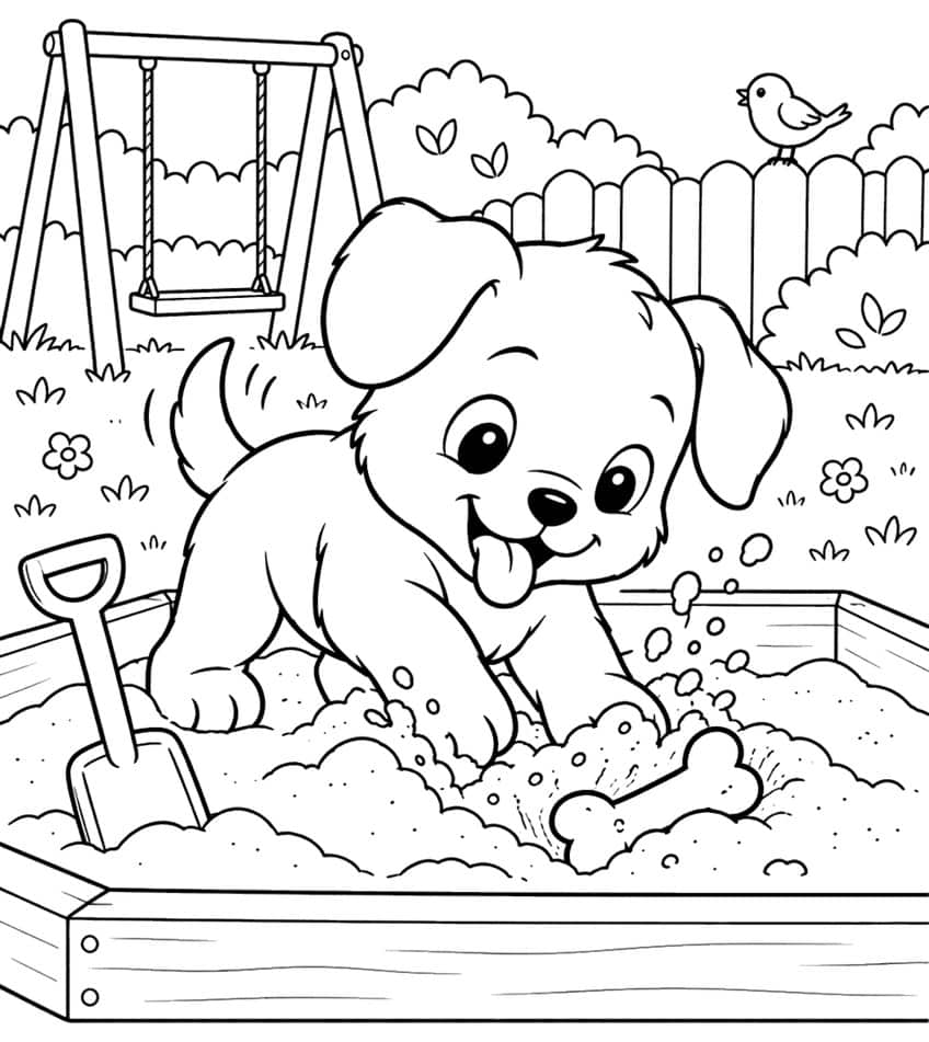 Coloring page of a puppy digging for a bone in a backyard sandbox beside a swing set
