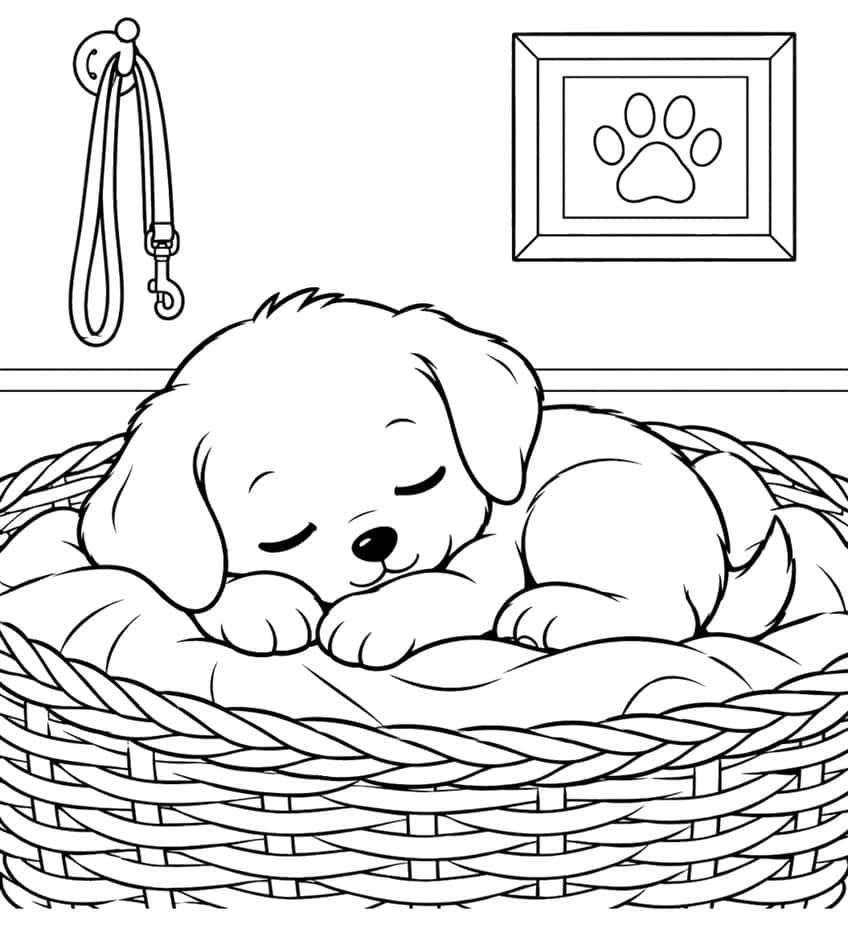 Coloring page of a puppy asleep on a cushion in a wicker basket, with a leash and paw print picture