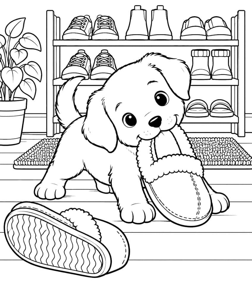 Coloring page of a puppy chewing a fuzzy slipper in front of a shoe rack