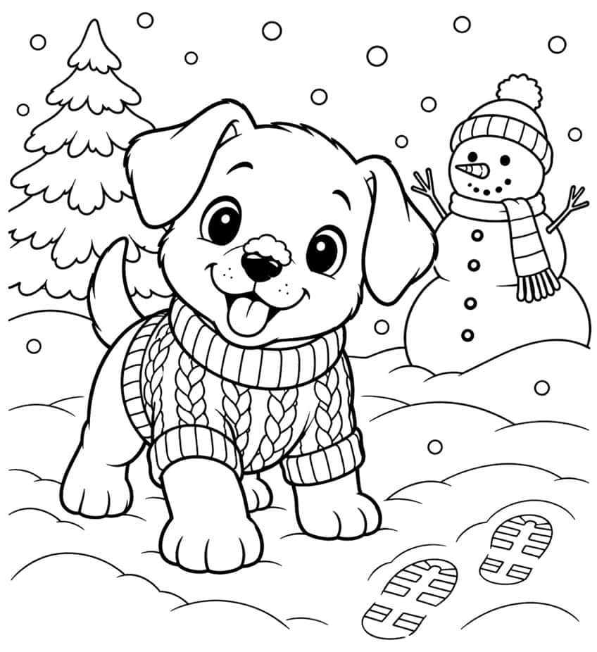 Coloring page of a puppy in a knit sweater with a snowman, fir tree and boot prints in the snow