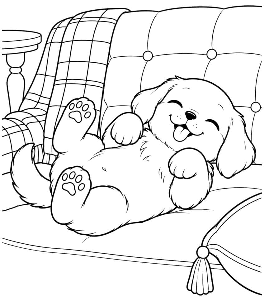 Coloring page of a smiling puppy lying on its back on a tufted sofa with a plaid blanket
