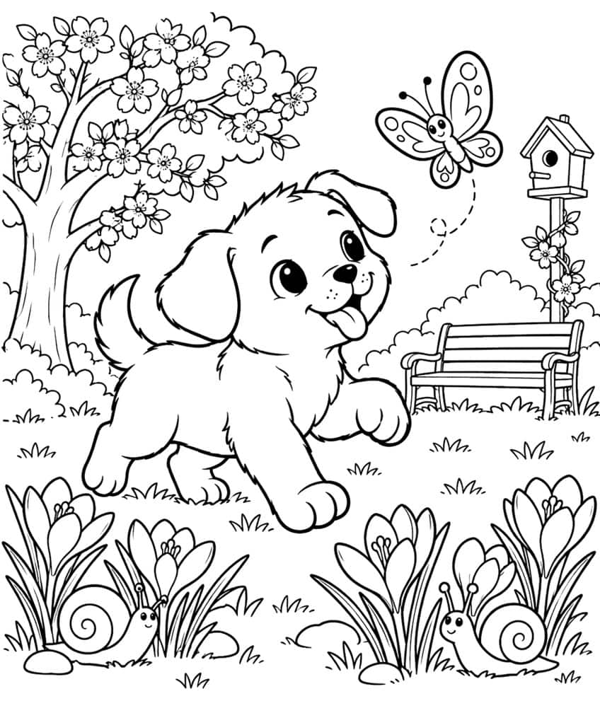 Coloring page of a puppy chasing a butterfly among cherry blossoms, crocuses and snails