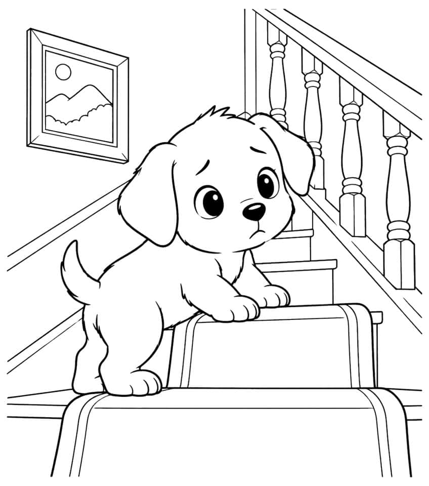 Coloring page of a fluffy puppy climbing carpeted stairs beside a railing and a framed picture
