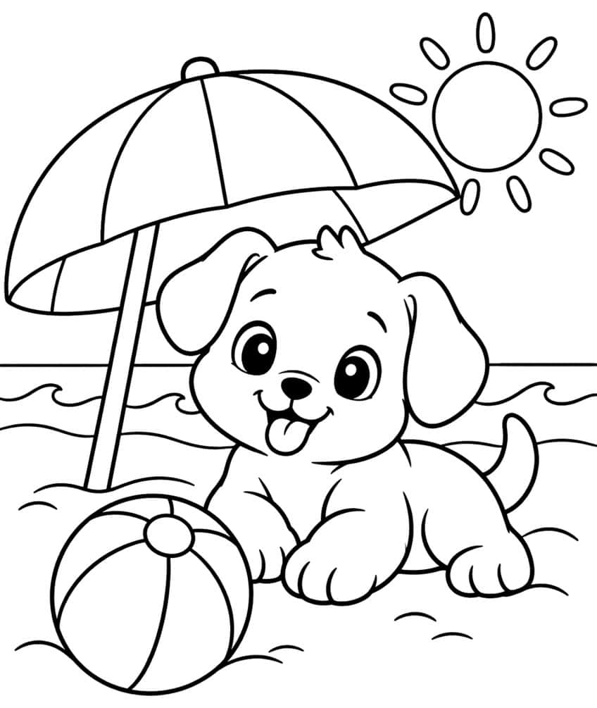 Coloring page of a puppy lying on the beach beside a beach ball under an umbrella