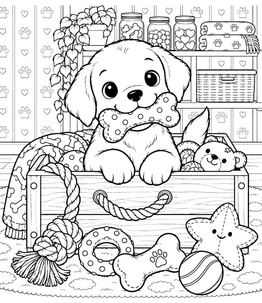 Coloring page of a puppy holding a toy bone in a wooden toy box full of dog toys