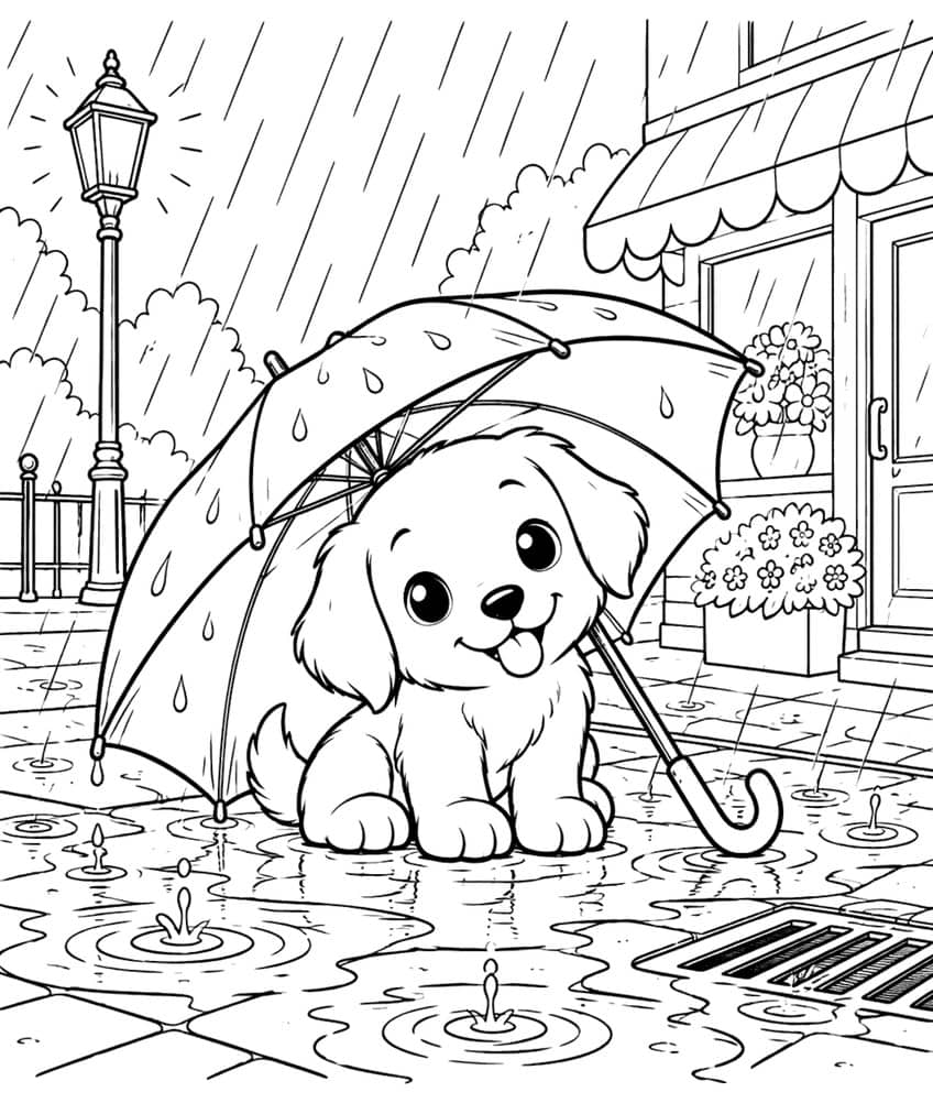 Coloring page of a puppy sitting under an umbrella in the rain on a city sidewalk