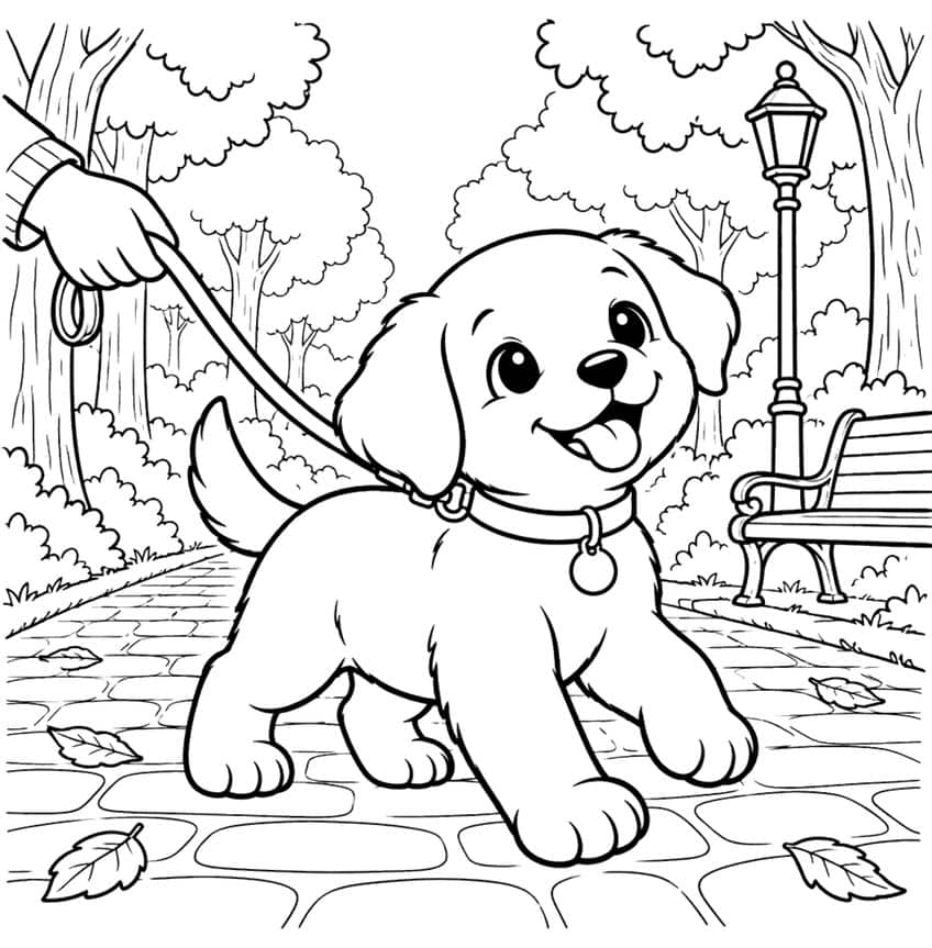 Puppy on a leash walking a cobblestone park path with a bench, lamppost and leaves