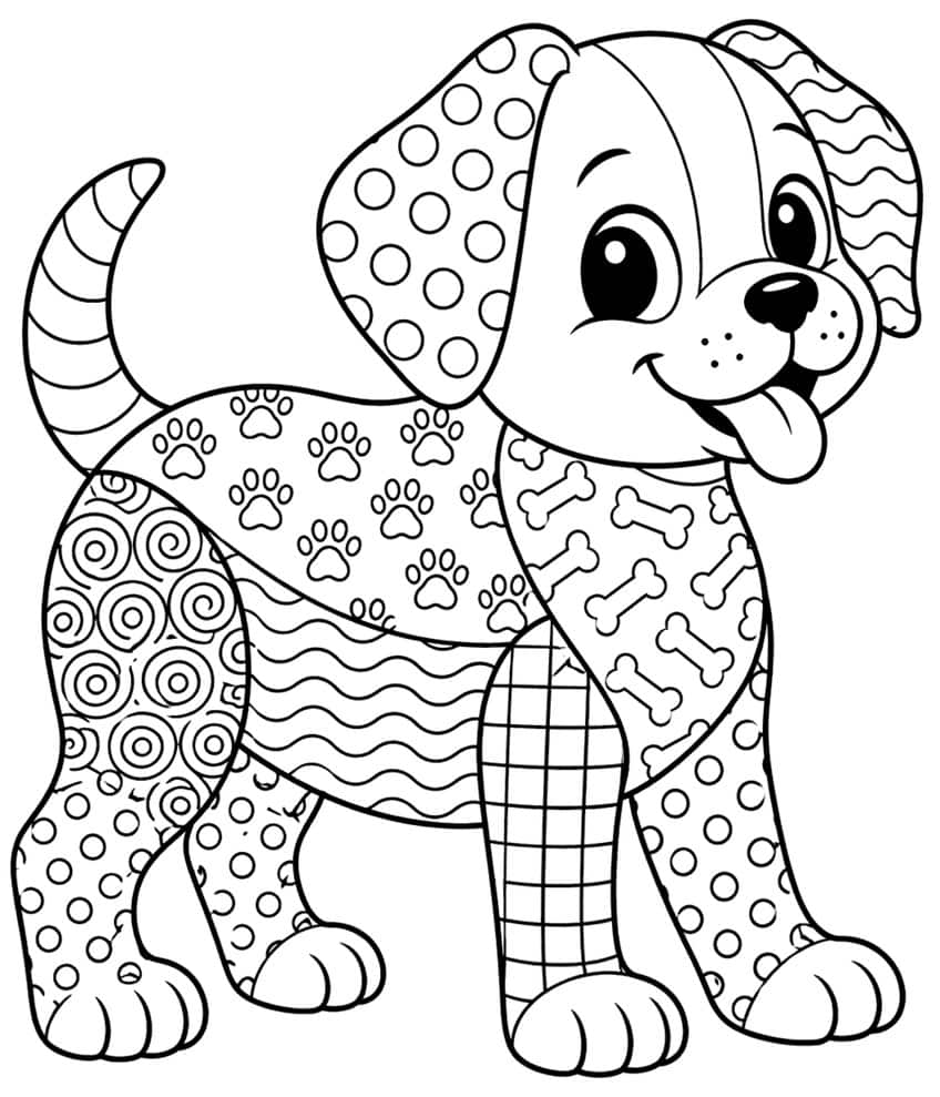 Puppy coloring page with paw print, bone, swirl, wave, dot and grid patterns