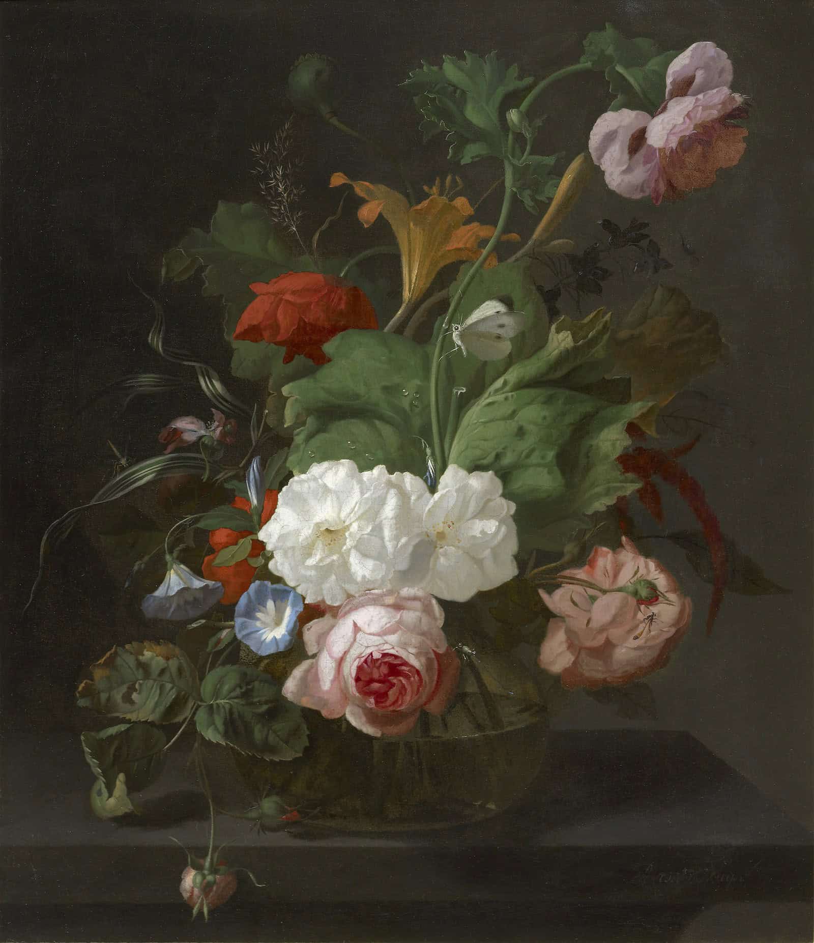 Rachel Ruysch - Summer flowers in a vase. Dutch: Bloemen in een glazen vaas Flowers in a Glass Vase label QS:Len,"Flowers in a Glass Vase" label QS:Lnl,"Bloemen in een glazen vaas"