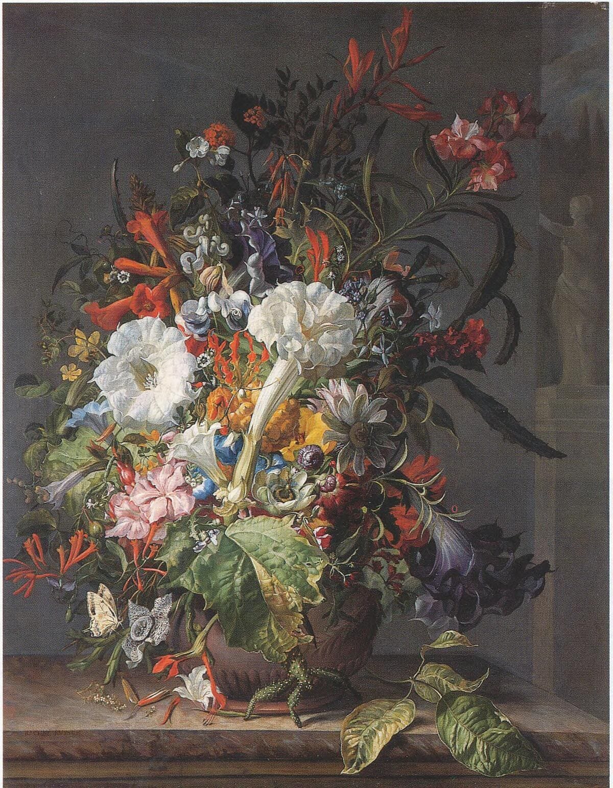 Rachel Ruysch - Honeysuckle, Sweet Peas, Trumpet Lilies, Peonies, Hyacinths, Passion and other Flowers, a Pineapple and a Cactus in an Boettger Urn with Butterfly on a marble Ledge