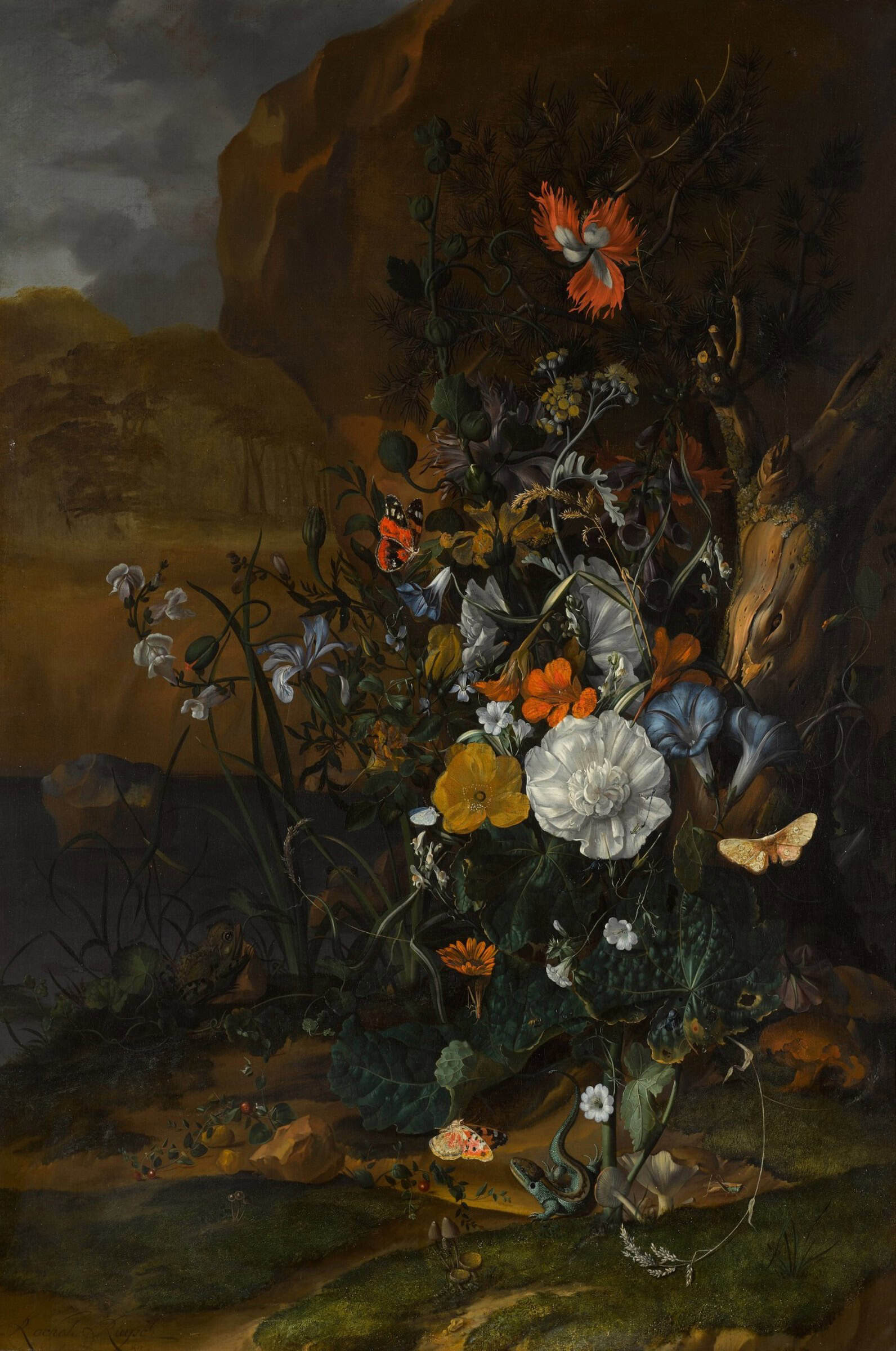 Rachel Ruysch - Still life of flowers, with butterflies, insects, a lizard and toads, beside a pool. Still life of flowers, with butterflies, insects, a lizard and toads, beside a