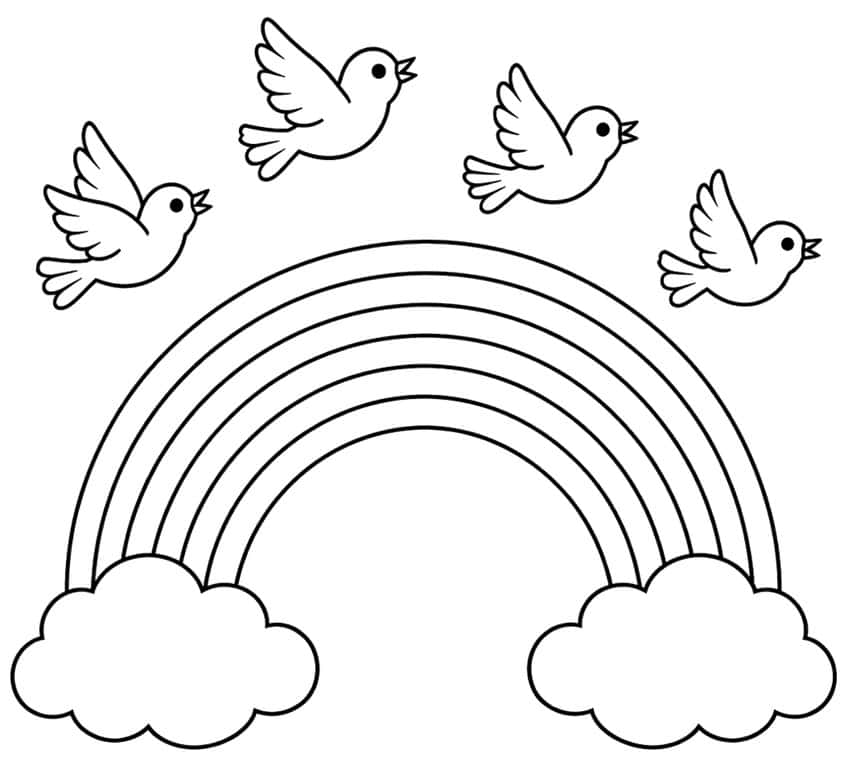 Coloring page with a rainbow between two clouds and four flying birds