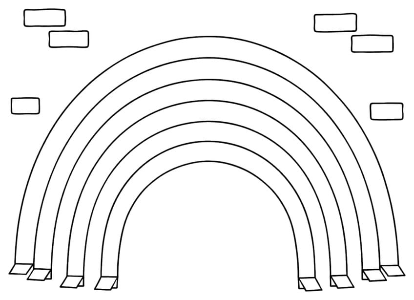Coloring page: rainbow built from seven arched paper strips with folded tabs