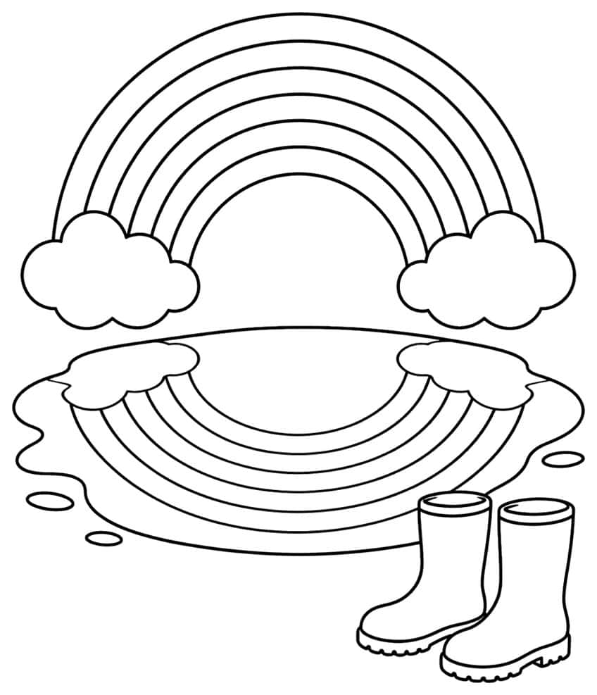 Coloring page: rainbow and clouds reflected in a puddle next to rain boots