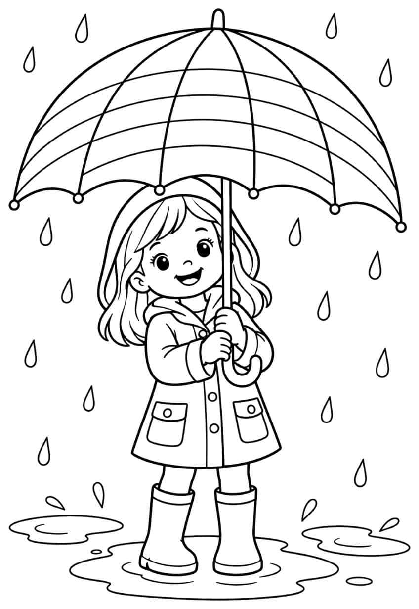 Coloring page of a child holding a striped umbrella in the rain