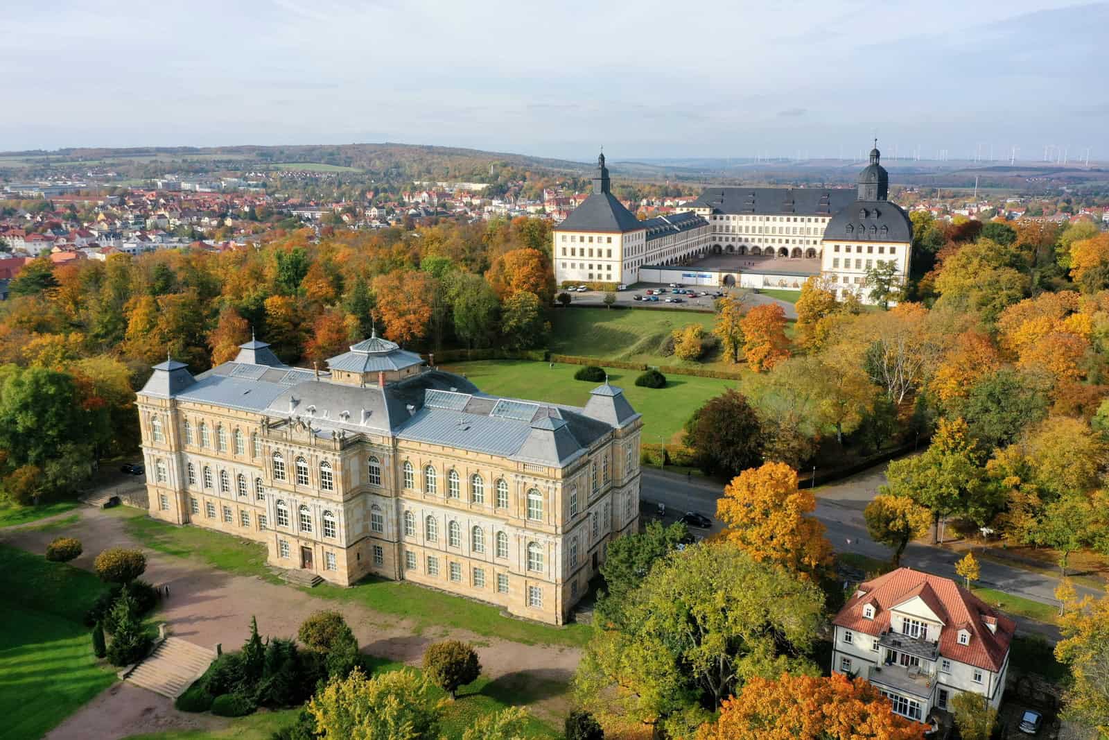 The Ducal Museum stands in the foreground below the larger Schloss Friedenstein palace in Gotha.
