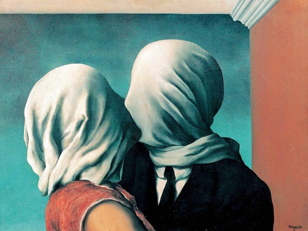 René Magritte’s The Lovers shows two figures attempting to kiss while white cloths conceal their faces.