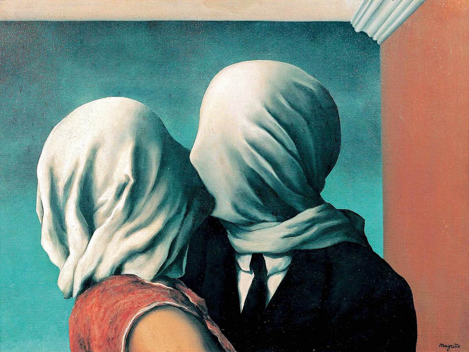 René Magritte’s The Lovers shows two figures attempting to kiss while white cloths conceal their faces.