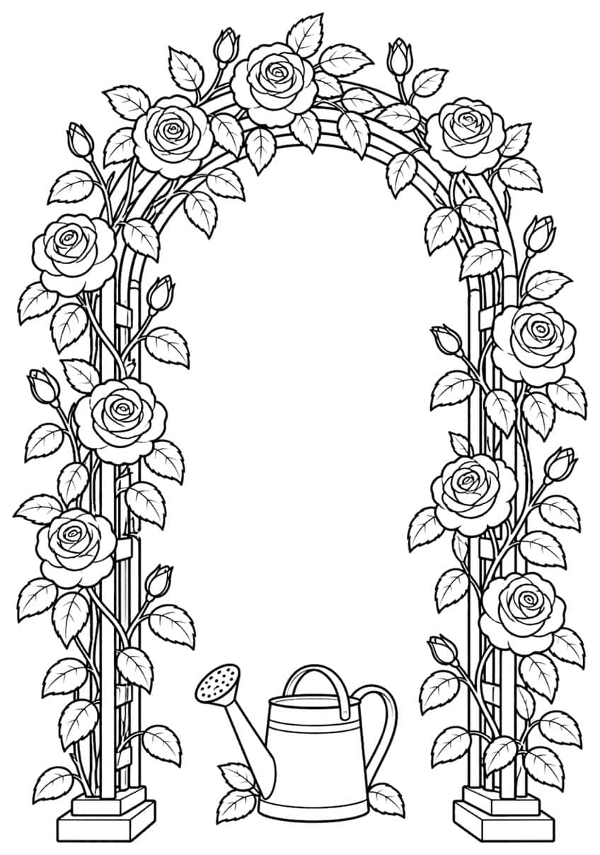 Coloring page of a rose-covered garden arch with a watering can below