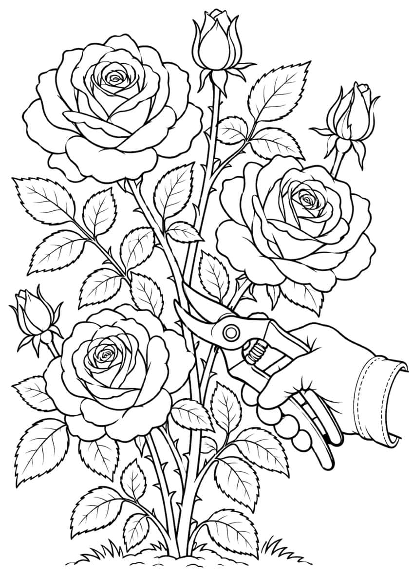 Coloring page of a rose bush with a gloved hand holding pruning shears