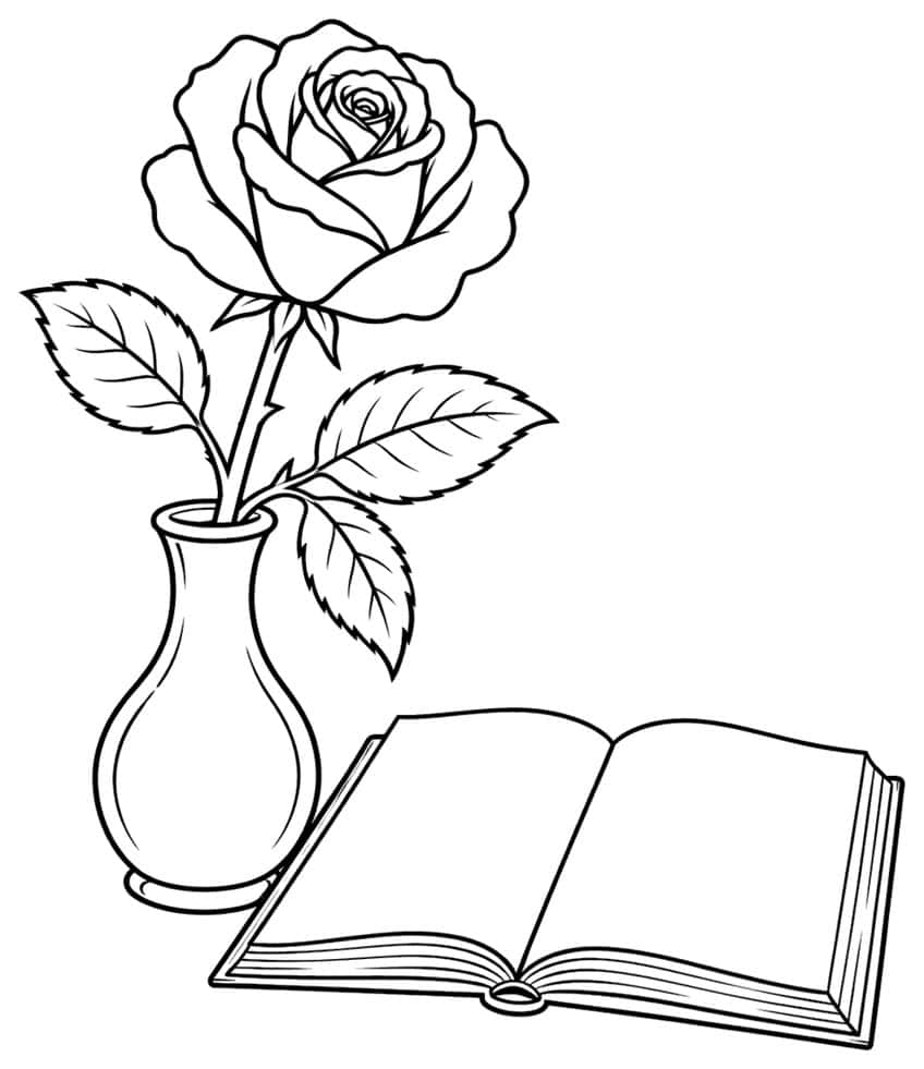 Coloring page: rose in a vase next to an open book with blank pages
