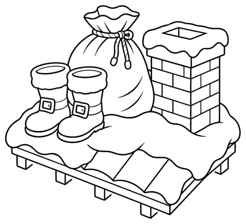 Santa boots, gift sack and brick chimney on a snowy roof to colour